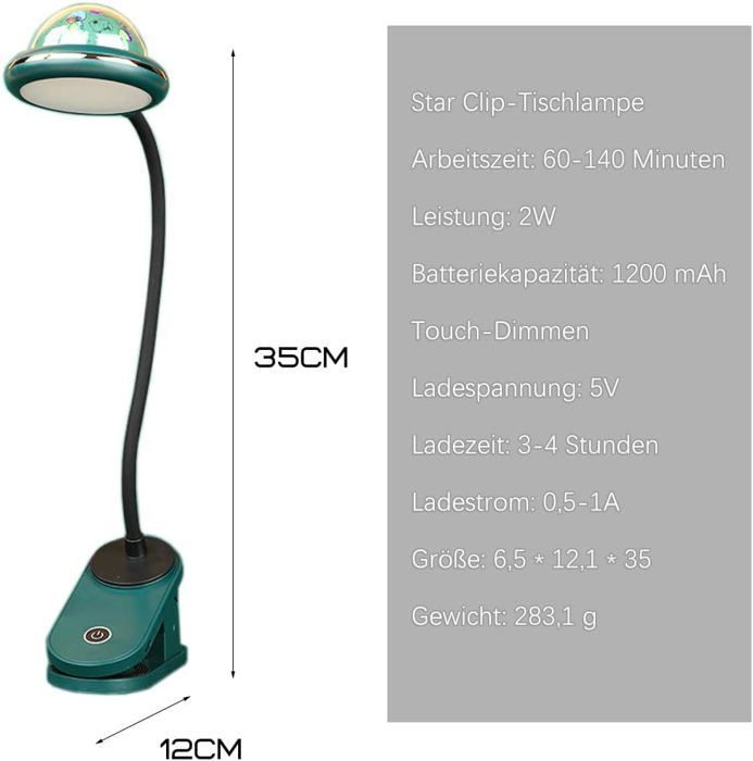Lámpara infantil con pinza, lámpara de lectura LED recargable por USB con proyección de estrellas e intensidad regulable mediante tacto.
