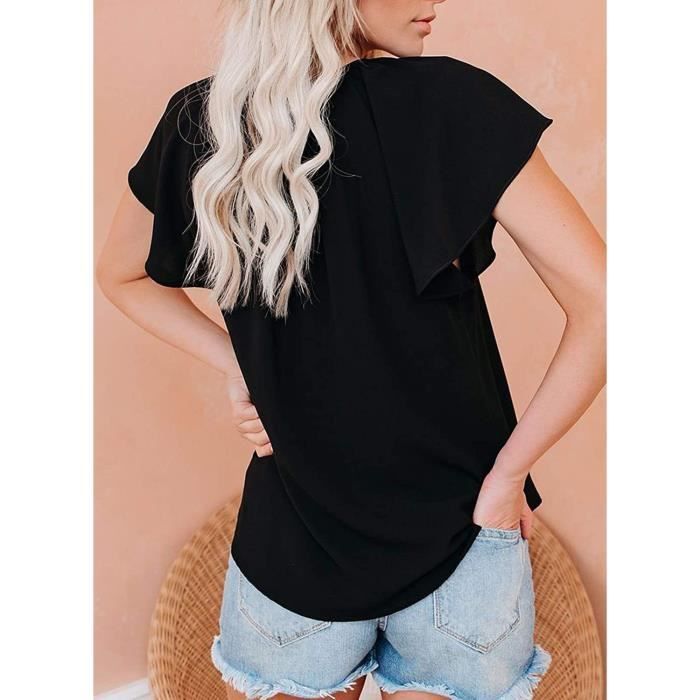 Camiseta de mujer con cuello en V - LEOCLOTHO - Corte ajustado - Manga corta - Negra