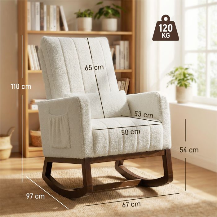 Fauteuil à bascule - HOMCOM - coussin lombaire, dossier haut, poches latérales - flanelle neige - 67 x 97 x 110 cm - crème