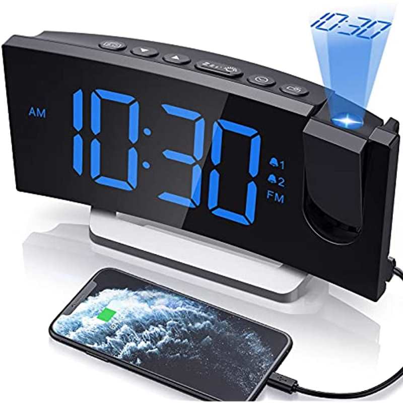 Wekkerradio, projectiewekker met 0-100% dimmer en FM-radio, dubbel alarm, 5 alarmgeluiden en 3 volumeniveaus, USB-oplader, duidelijke aflezing, wekker voor de slaapkamer, nachtkastje wekker voor kinderen