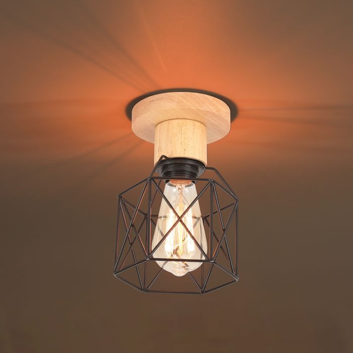 SNOGOLD Plafonnier Industriel Lampe de Plafond Rétro en Métal et Bois, Vintage E27 Luminaire Hexagone Cage Noir pour Salon Chambre