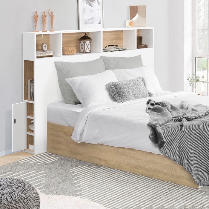 Cabecero independiente IDMARKET CLEO de 145 cm con almacenamiento cerrado y nichos, color blanco y efecto haya.
