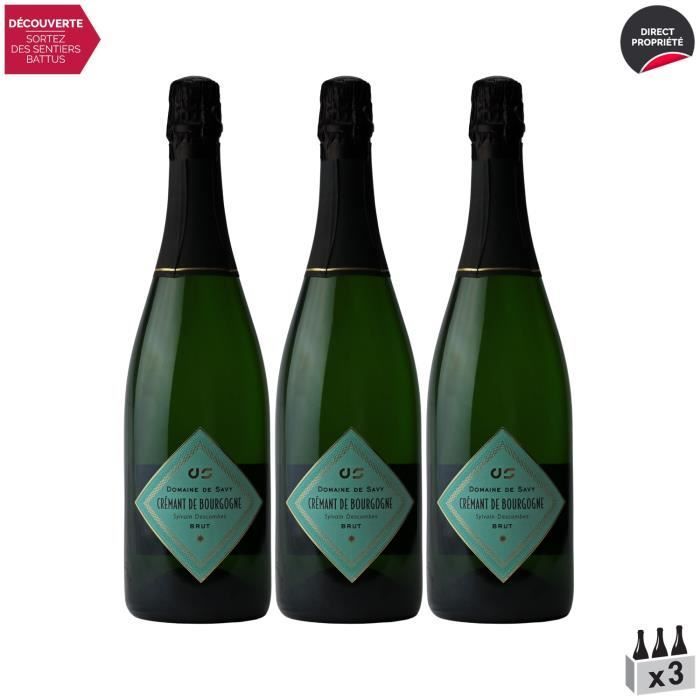 Crémant de Bourgogne Brut Blanc - 3 botellas de 75 cl - Domaine de Savy - Vino blanco espumoso AOC Bourgogne - Variedad de uva Chardonnay