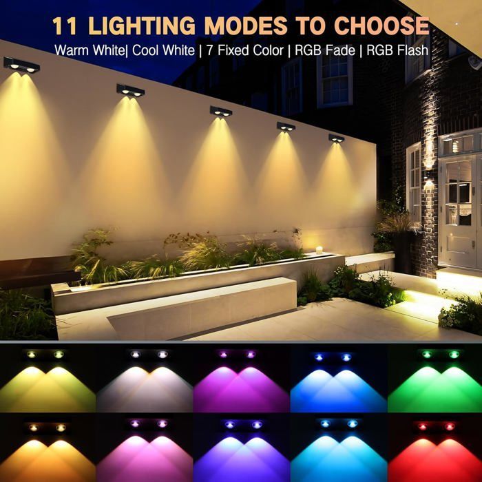 Lampe Solaire Exterieur Jardin,Lot de 4 Applique Murale Solaires 11 Modes Étanche LED Lumières de Clôture Éclairage Décoration