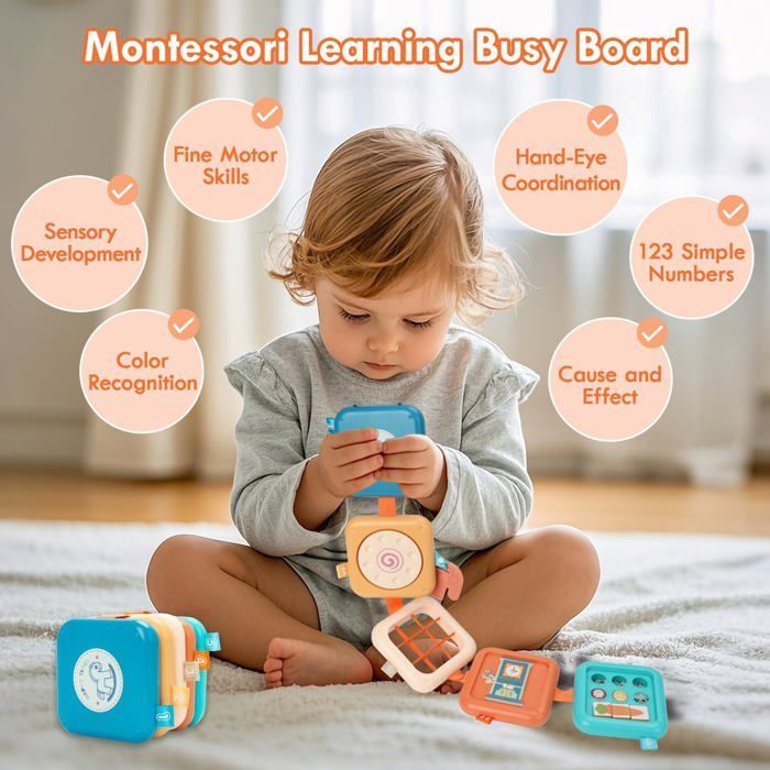 Cube d'Activité Montessori Bébé 1 2 3 Ans - Busy Board Sensoriel, Jouet de Voyage Éducatif Cadeau Enfant.