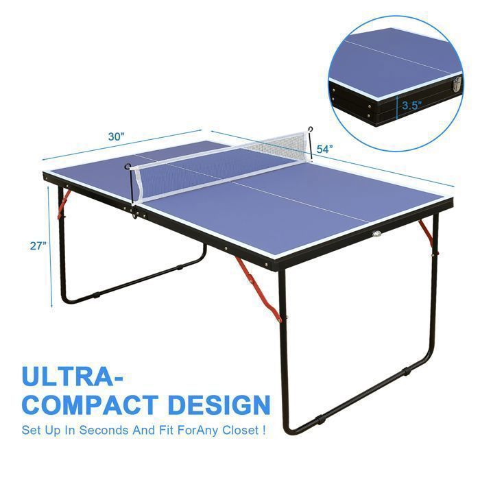 Table de tennis de table avec filet et jeu de raquettes, pliable pour une utilisation,surface bleue,2 raquettes et des balles
