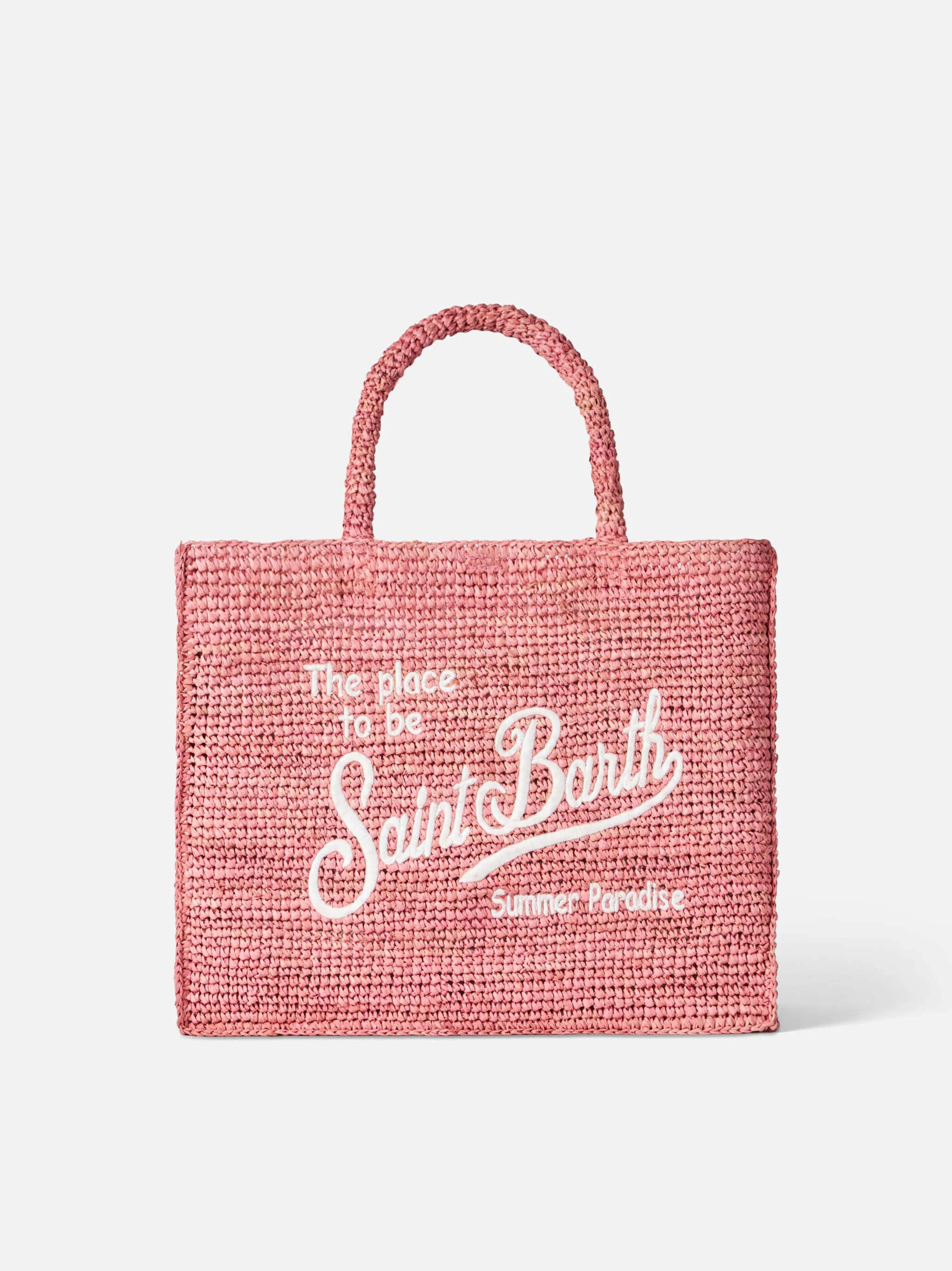 Vanity Pink Raffia Schoudertas met Witte Saint Barth Borduurwerk | 36cm x 29cm x 20cm | MC2 Saint Barth