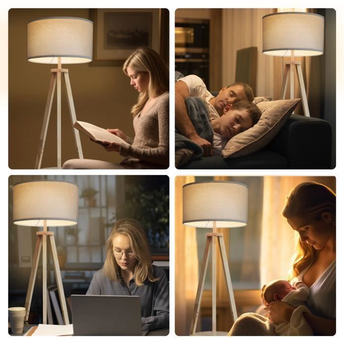 Lampadaire Trépied avec Abat-Jour - PULUOMIS - Lampadaire Salon Lampe sur Pied pour Salon en Bois - 157 cm