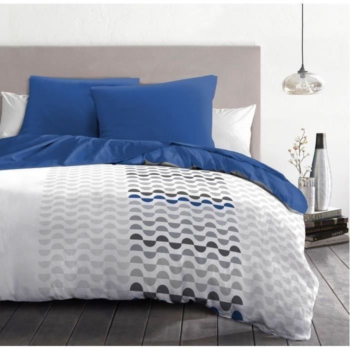 Juego de funda nórdica de microfibra AMBROISIE - 1 funda nórdica de 240 x 260 cm + 2 fundas de almohada de 63 x 63 cm - Azul