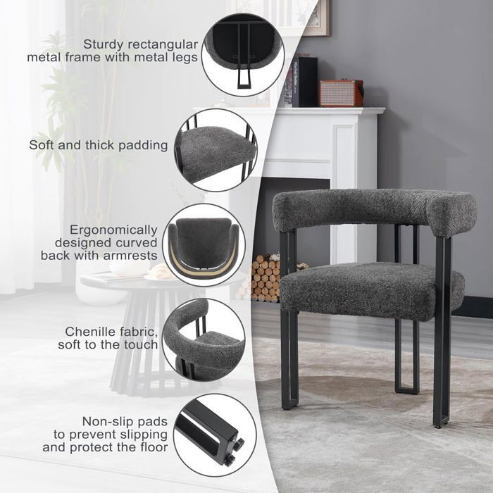 WOLTU Lot de 2 Chaises de Salle à Manger, Chaise Salon en Chenille,Pieds en Métal, Fauteuil Chambre Moderne, Gris Foncé W0ATT0321-2