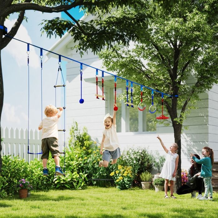 Ninja-hindernisbaan voor kinderen - AIYAPLAY - 10 accessoires - 10 meter slackline en draagtas - blauw
