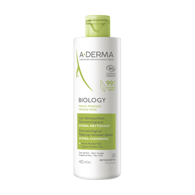 A-Derma Biology Meikinpoistovoide Kosteuttava puhdistusmaito herkälle iholle 400 ml