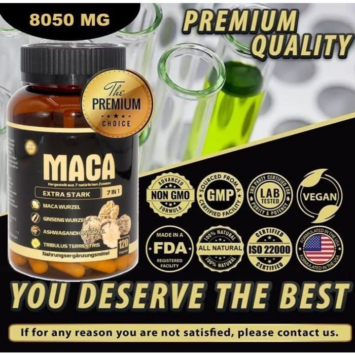 120 Cápsulas de Maca | Alta potencia | Con Tribulus + Ginseng + Ashwagandha + Shilajit + Pimienta Negra y Shatavari