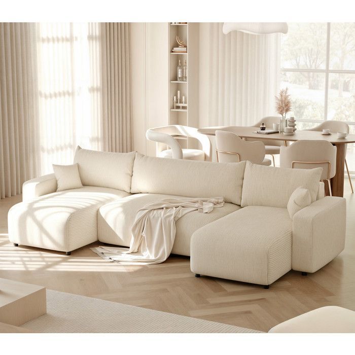 PIANO U Panoramic Corner Sofa - 7 Seater - Convertible Sofa with Storage - Cream Woven Fabric