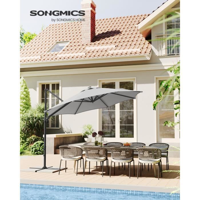 Parasol de Jardin 300 cm, UPF 50+, Pivotant à 360°, Inclinaison Fluide, Manivelle, avec Base en Croix, Gris Tourterelle