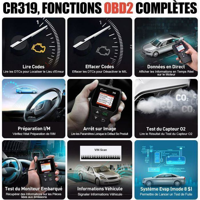 Ferramenta de diagnóstico OBD2 básica LAUNCH CR319 para leitura e eliminação de códigos de falha do motor com teste de sensor O2/EVAP