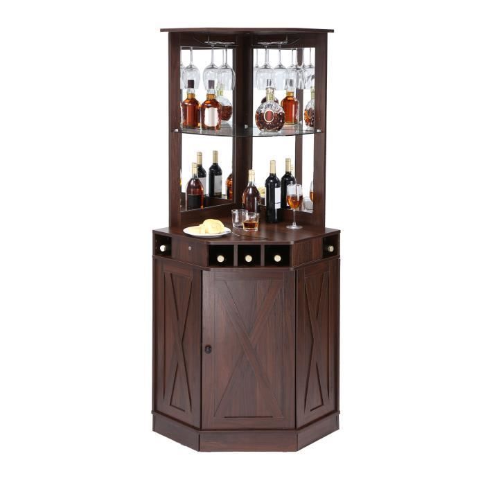 VEVOR Industrial Corner Cabinet with Door - Large Freestanding Wine Rack with Glass Holder - Living Room, Cafe, Brown