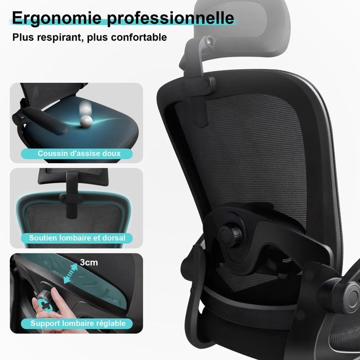 Chaise de Bureau Ergonomique Hauteur Ajustable avec Appuie-Tête et Accoudoir Réglables Fauteuil de Bureau Maille Respirante - Noir