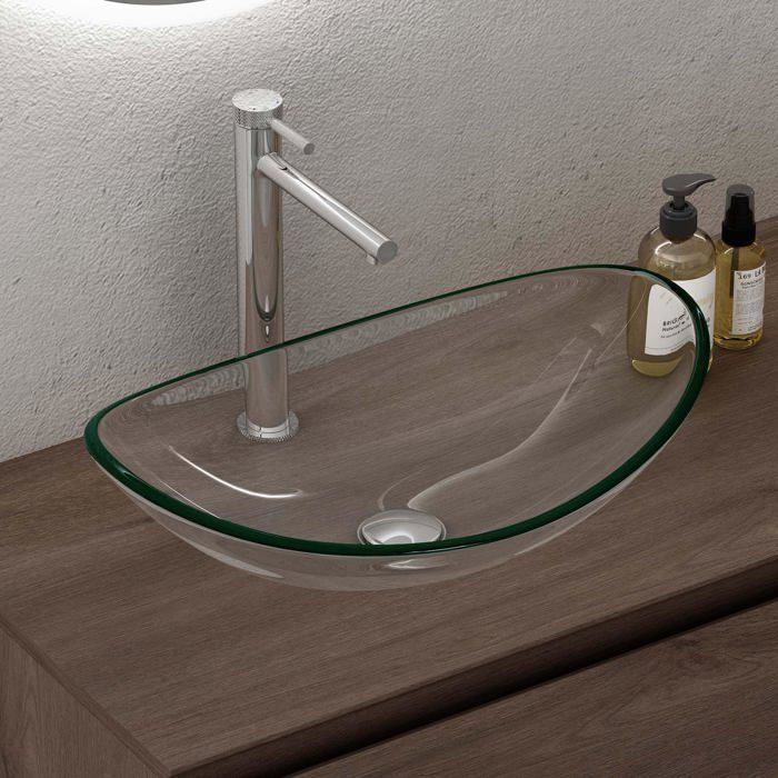 Lavabo de encimera doporro, lavabo de cristal transparente, lavabo ovalado para baño, lavabo para inodoro, 53,5 x 35,5 x 16 cm, Minerva08