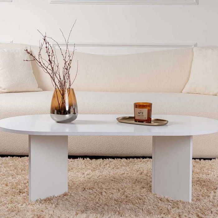 Mesa de centro oval em aglomerado branco, 119 cm de comprimento - IRIS