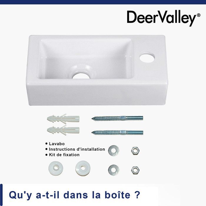 Lavabo rettangolare a parete DeerValley, bianco, foro per rubinetto a destra, 36,5x18x9 cm, DV-1V081R