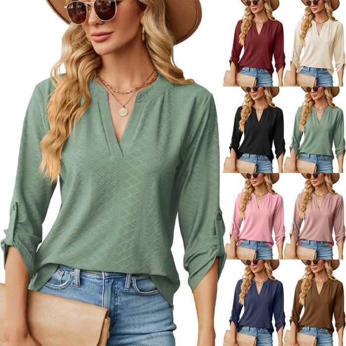 Pull Femme Col V Manches 3/4 Casual Pullover Lâche Tops Couleur Unie Pour Printemps Et Automne - Taille EU - Rose