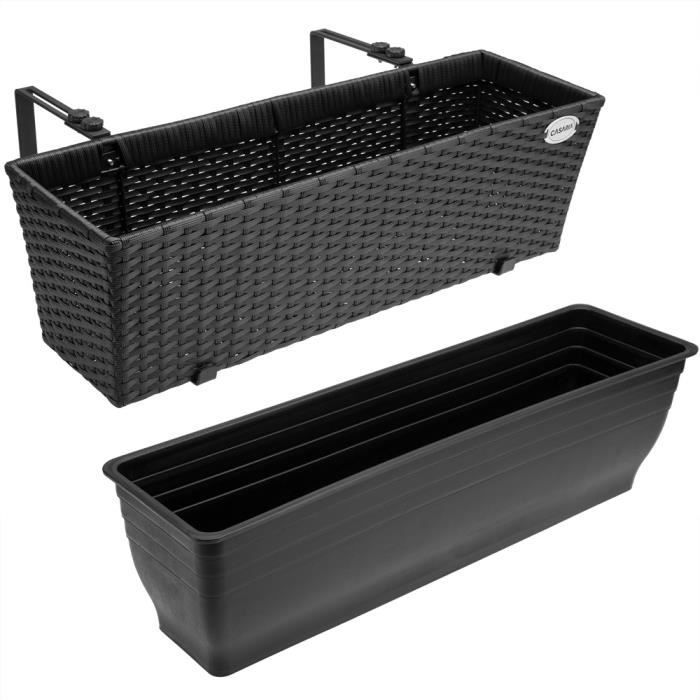 2 jardineras de ratán sintético negro, macetas para balcón, con accesorios de montaje, para terraza, ventana o barandilla.