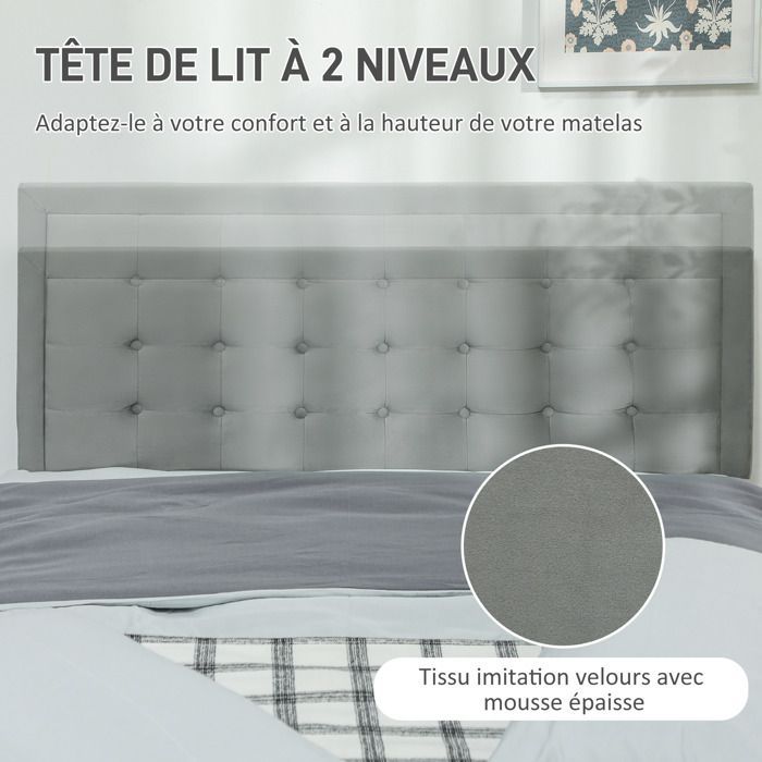 Estructura de cama doble - HOMCOM - base con almacenamiento y resortes de gas - cajón con ruedas - cabecero ajustable con tapizado efecto terciopelo - gris