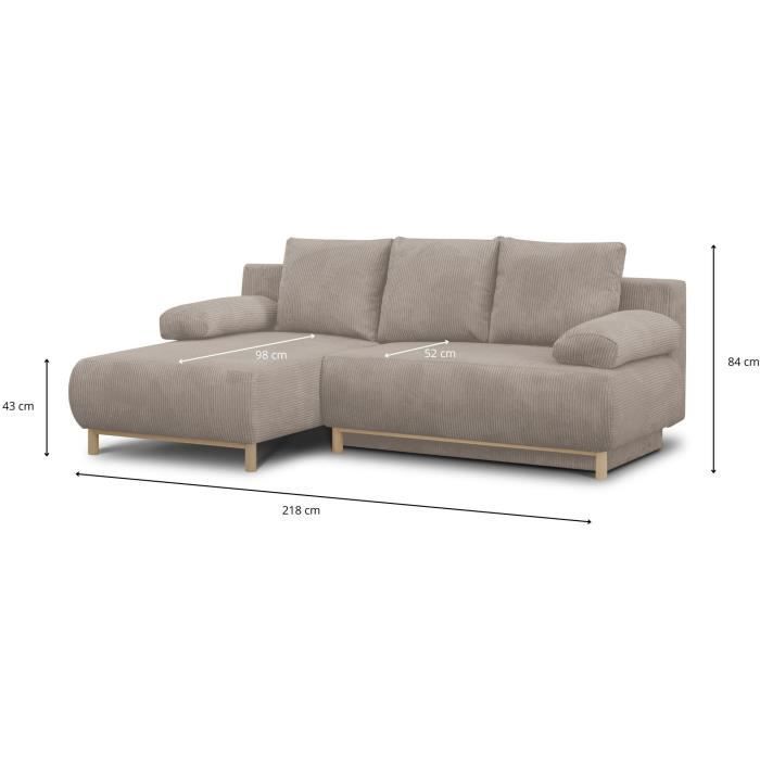 Sofá cama esquinero izquierdo - 3 plazas - MIKA - Tejido de pana color topo - Compartimento de almacenamiento - 192 x 84 x 93 cm