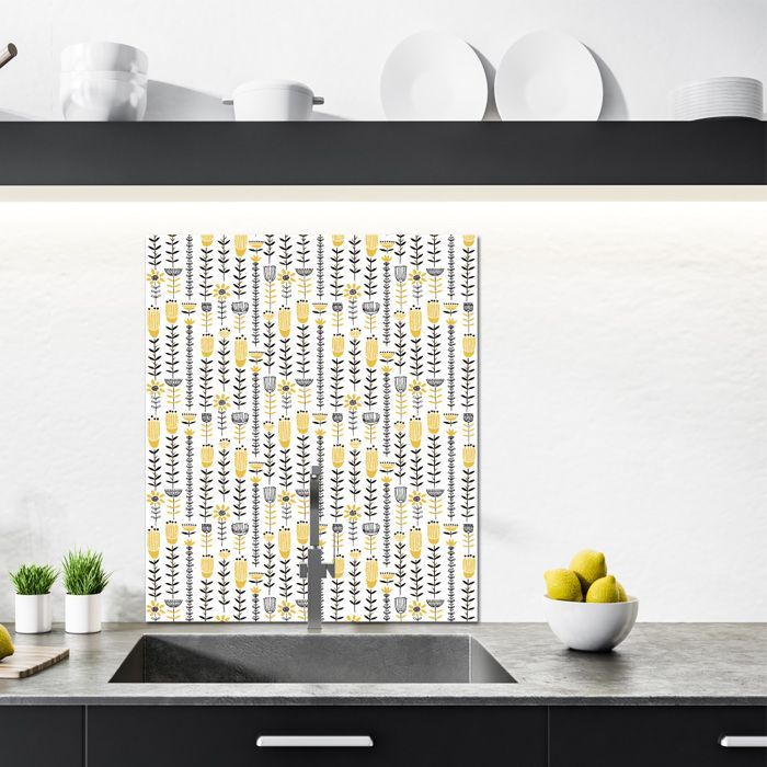 Crédence SEVENTY en aluminium adhesive - 60 cm x 70 cm - Jaune, blanc et noir - Face arrière autocollante - Fond de hotte