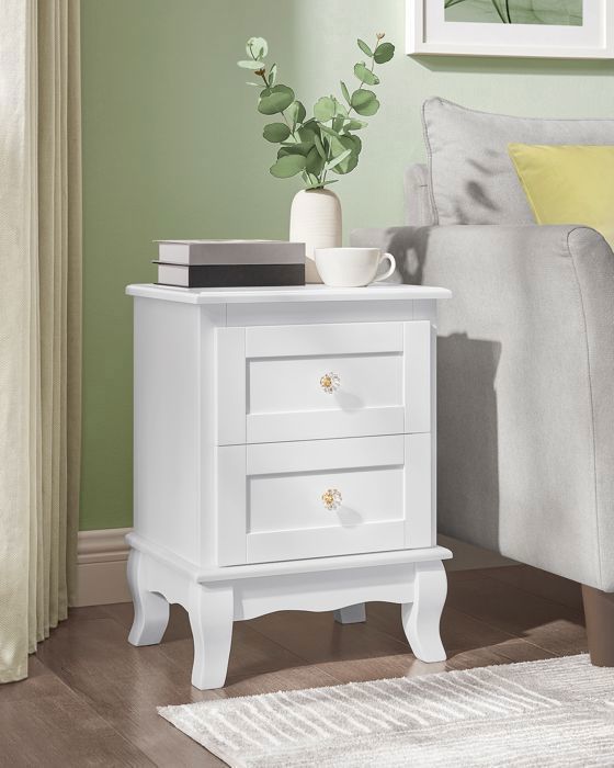 VASAGLE Comodino, Set da 2, Tavolino da notte, Tavolino piccolo con 2 cassetti, Gambe in legno di pino, Vano portaoggetti, Bianco