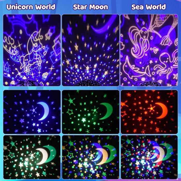 Lámpara de noche infantil ATOPDREAM con forma de seta, estrellas, unicornios y sirenas intercambiables, rotación de 360°, temporizador, color azul.