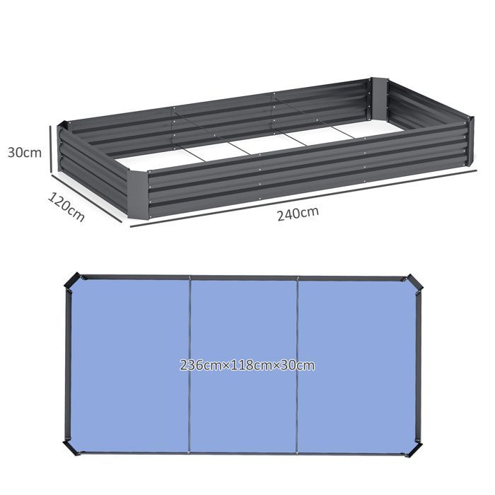 Vaso de jardim para exterior - Outsunny - com borda de segurança e fundo aberto - fabricado em aço galvanizado - 240 x 120 x 30 cm - cinza escuro