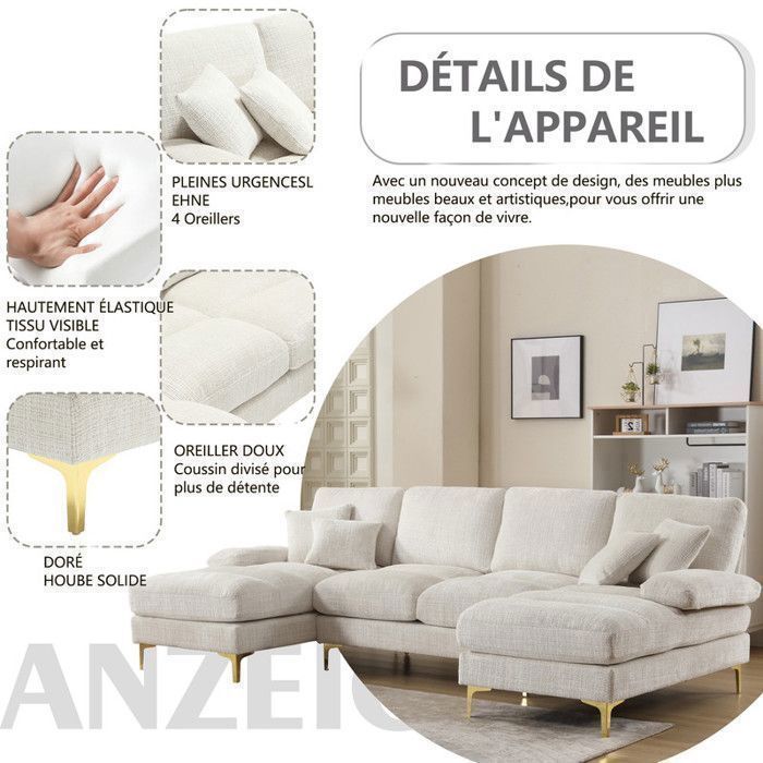 Panorama-Ecksofa in U-Form, 5/6-Sitzer, aus weißem Chenille-Samt – für Wohnzimmer, Büro, Wohnung – B 272 x T 136 x H 88 cm