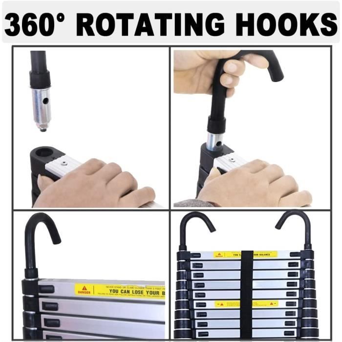 4.4M 14.4FT Telescopic Ladder in Silver Stainless Steel with Roof Hooks, Folding and Extendable Telescopic Ladder