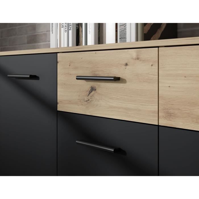 Buffet PILVI - Style contemporain - Particules mélaminé - Décor Chêne et noir - 4 portes + 2 tiroirs - L 162,3 x P 34,2 x H 81,7 cm
