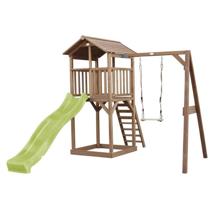 Área de juegos AXI Beach Tower con tobogán en verde claro, columpio y arenero | Casita de juegos grande para exteriores en color marrón