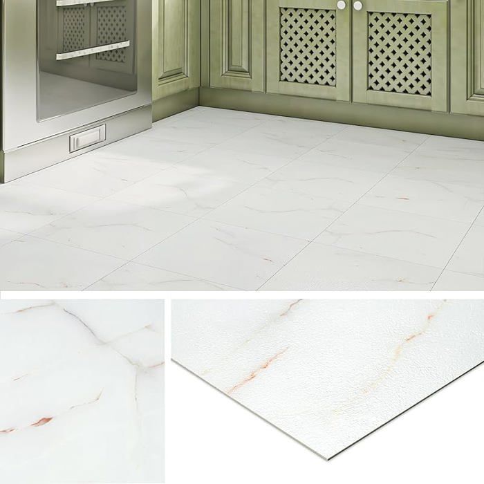Suelo de PVC adhesivo moderno con efecto mármol, 30x30cm, lavable, para cocina, 4 piezas, mármol blanco y suelo de PVC con efecto mármol blanco.