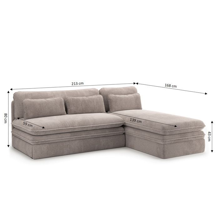 Sofá esquinero convertible y reversible NOMA de 4 plazas en pana color topo.