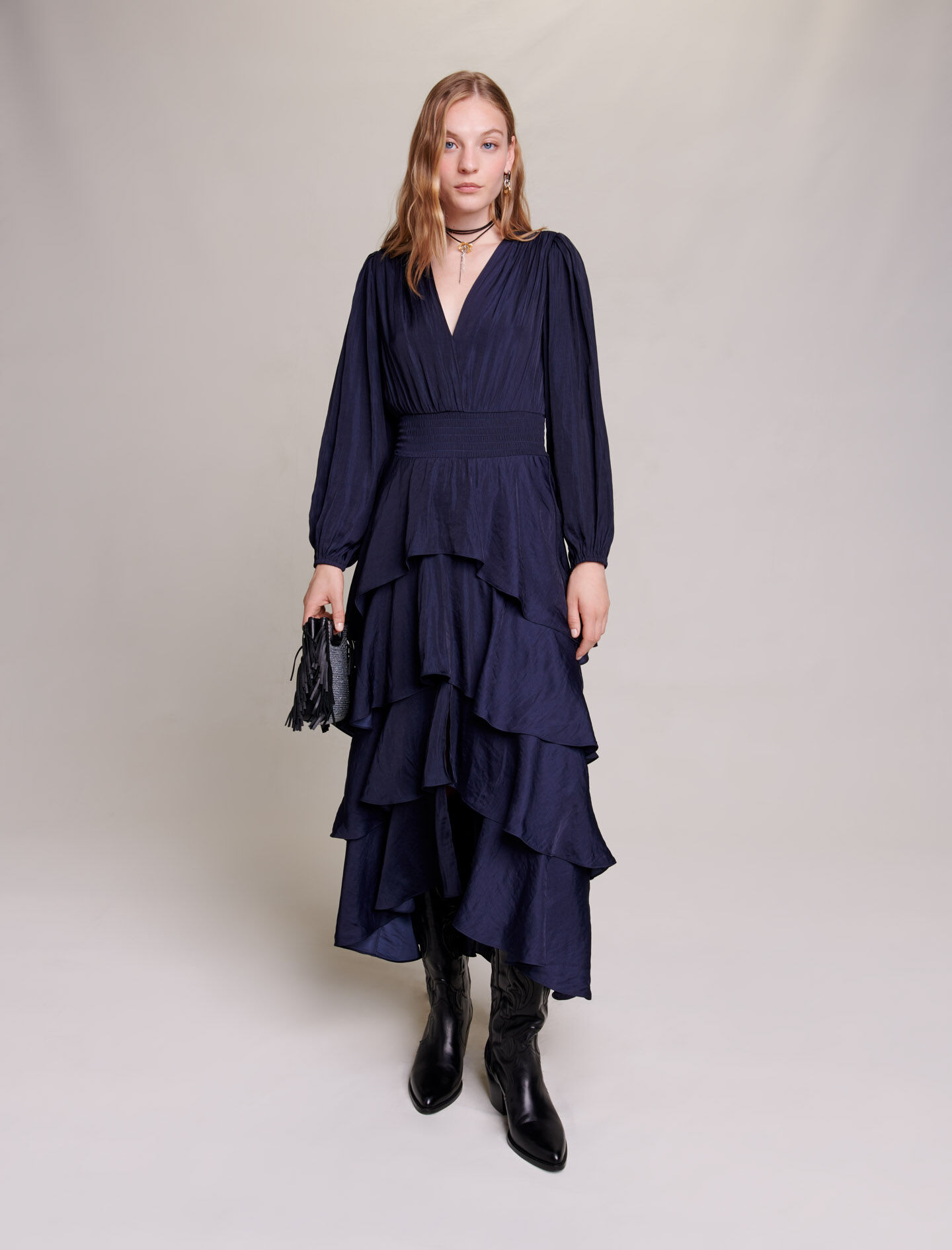 Rochie lungă cu volane - Bleumarin