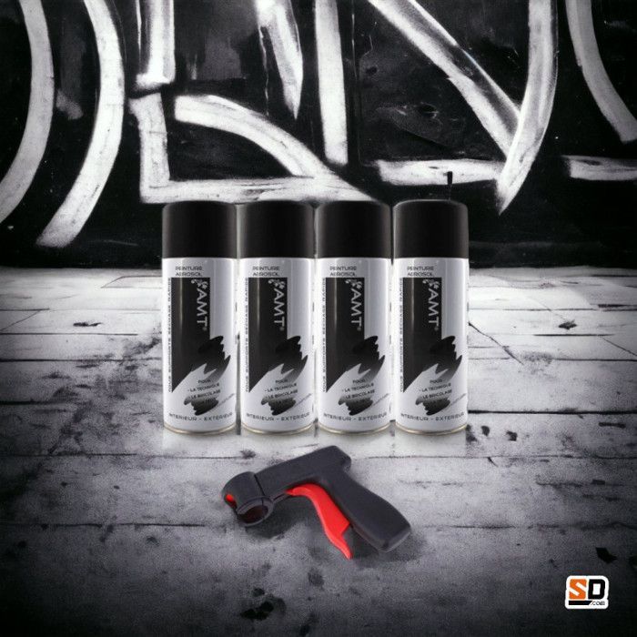 4 botes de pintura en aerosol negro mate de 330 ml - AMT + pistola pulverizadora