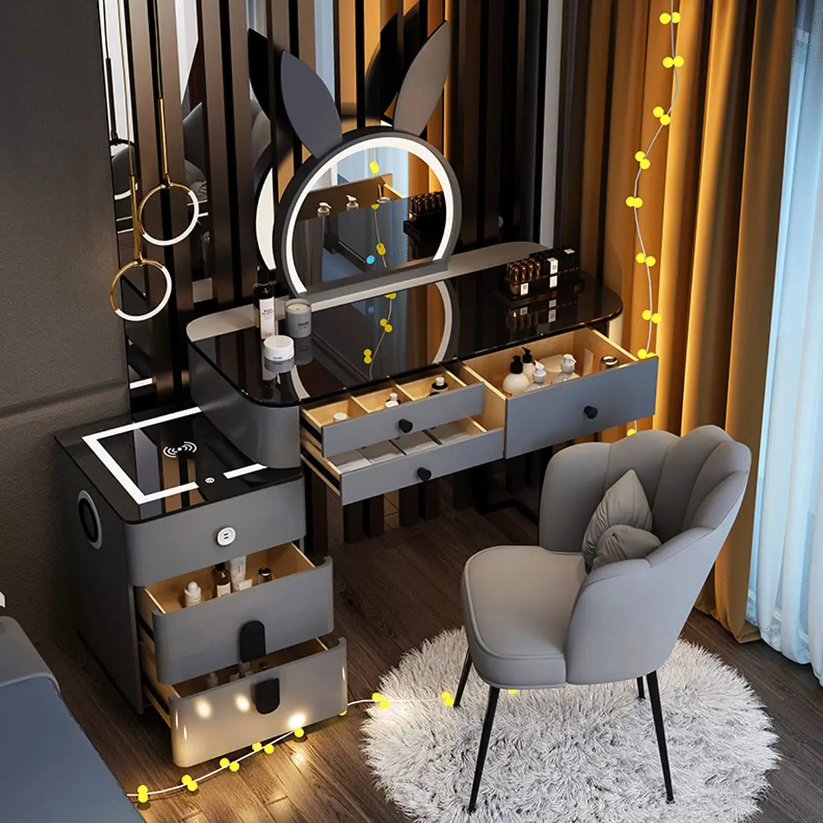 Schminktisch-Set mit 3-farbigem LED-Licht, Spiegel und gepolstertem Hocker, für das Familienschlafzimmer, für Sie (120 cm/47,2 Zoll)