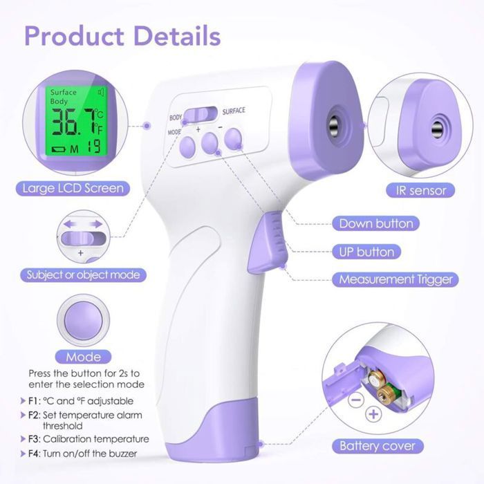 Thermomètre frontal infrarouge 2 en 1 pour bébés et adultes, sans contact. Alerte fièvre, écran LCD, fonction mémoire (99 données)