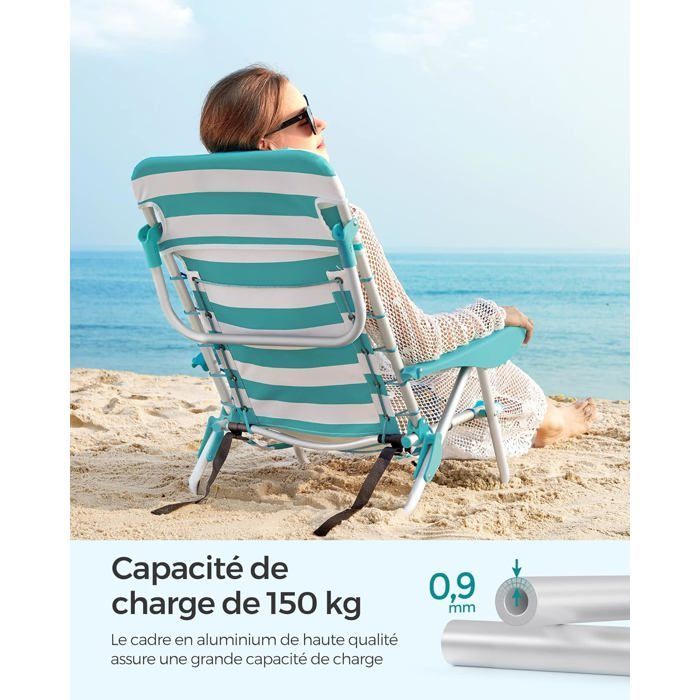 Silla de playa portátil, reposacabezas, respaldo ajustable, portavasos, bolsillo, capacidad de carga de 150 kg, rayas verdes y blancas GCB62JW