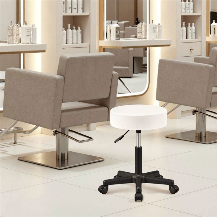 Yaheetech Tabouret Rond à Roulettes Hauteur Réglable 46-61,5 cm avec Assise Rembourrée Revêtement en Similicuir Blanc