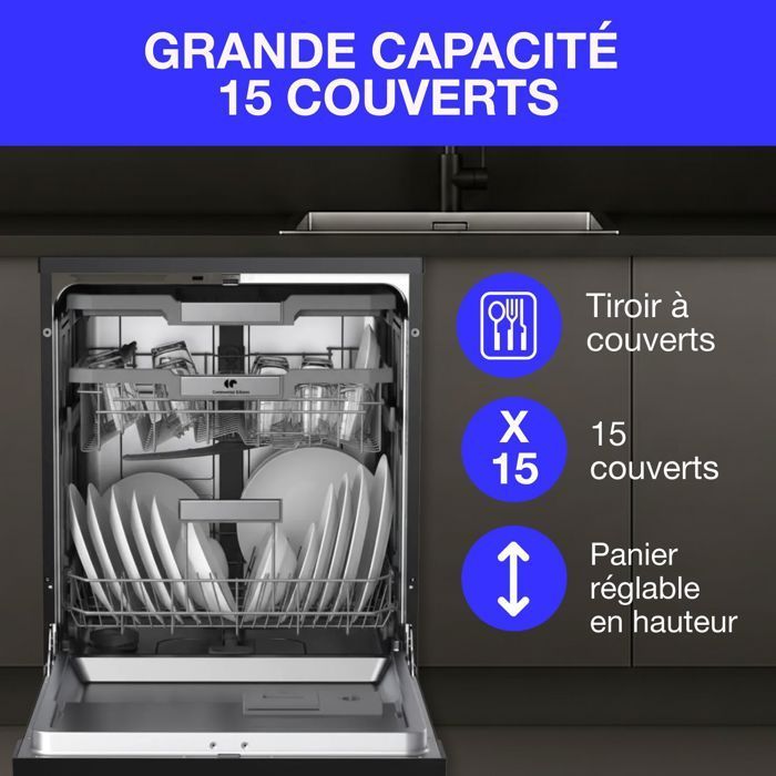 Lave-vaisselle pose-libre - CONTINENTAL EDISON - CELV1544IBP - 15 couverts - Inverter - 60 cm - 42 dB - Gris anthracite