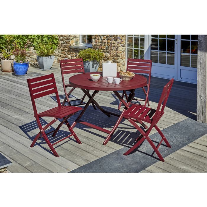 Ensemble repas MARIUS 110 cm 4 places en aluminium rouge carmin
