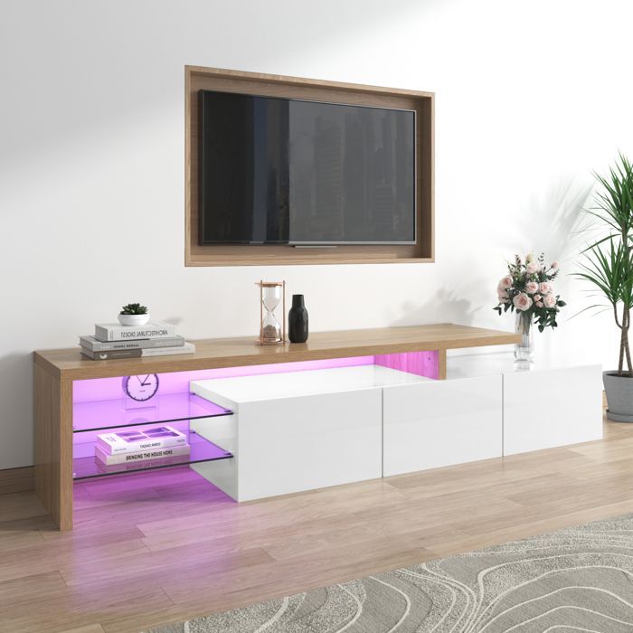 Mobile porta TV - SOMUBI - 3 ante - Illuminazione a LED - Ripiani in vetro - Design moderno e minimalista