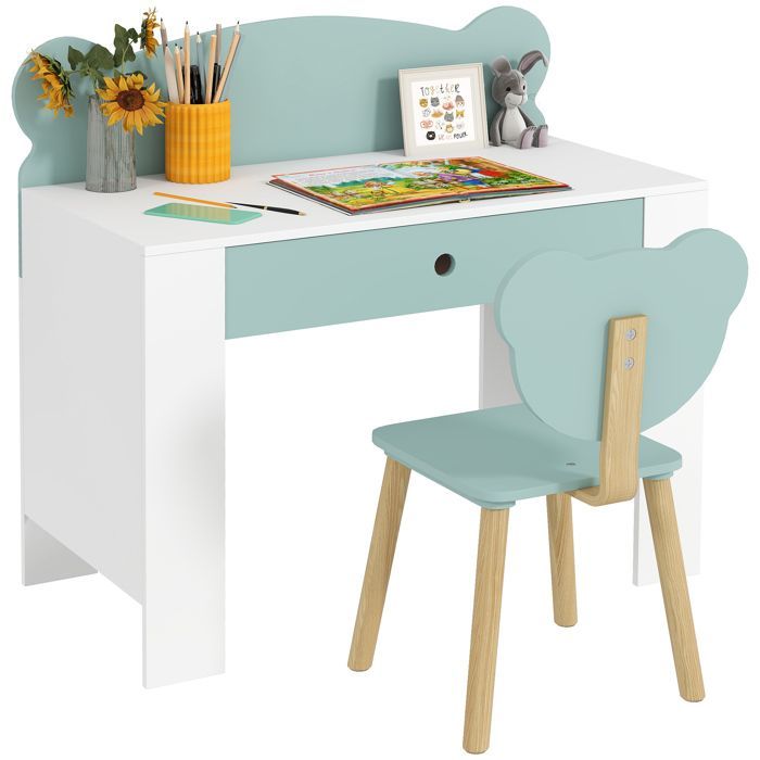 Conjunto de escritorio y silla infantil - AIYAPLAY - Edades de 3 a 8 años - Cajón y tablero grande - MDF - 80 x 41 x 74,5 cm - Verde