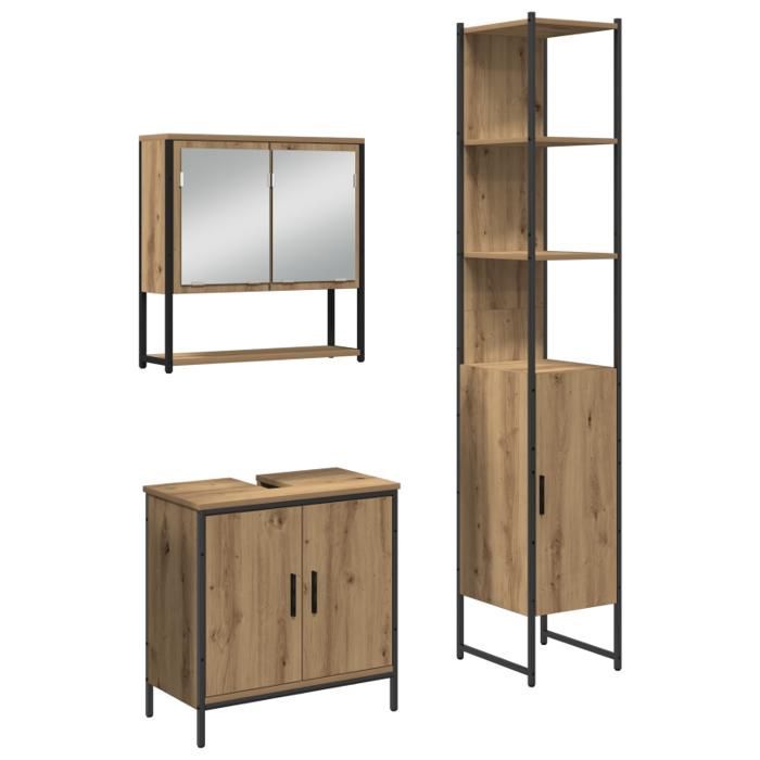 Conjunto de muebles de baño - Roble artesanal - 3 piezas - Acabado mate - Estilo contemporáneo